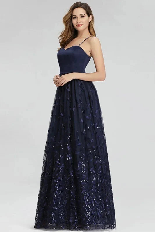 Gorgeous Navy Blue Spaghetti-Straps Evening Gowns Long Sweetheart Prom Dress With Leaves Embelishments