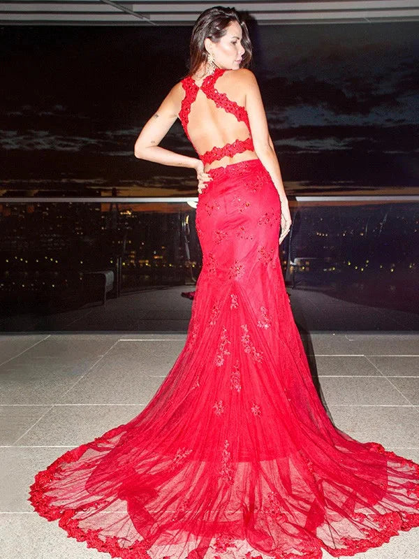 Gorgeous Red Sleeveless Mermaid Evening Dress Lace Appliques With Split