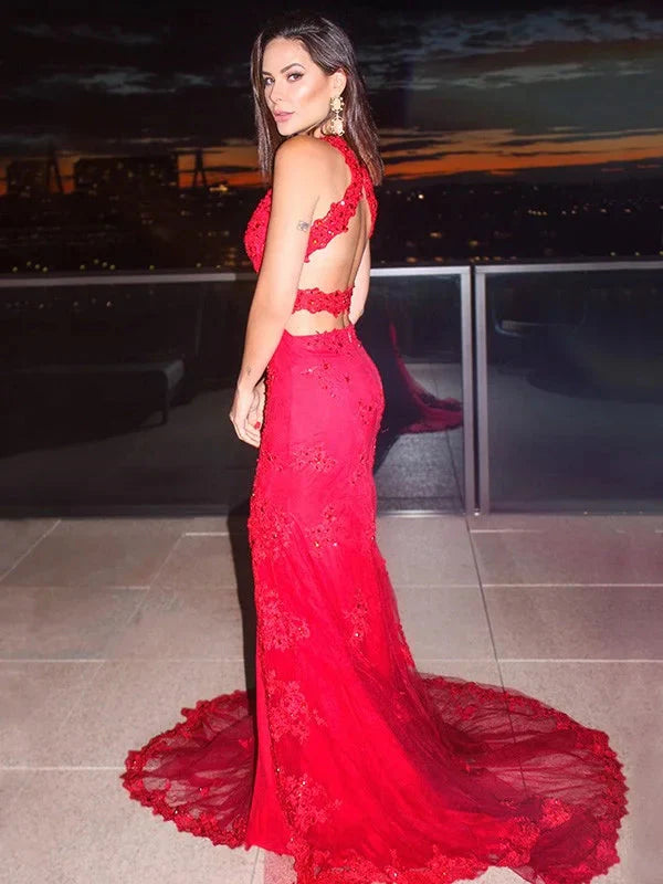 Gorgeous Red Sleeveless Mermaid Evening Dress Lace Appliques With Split