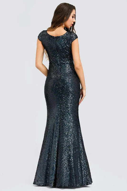 Gorgeous Sequins Cap Sleeve Prom Dresses Mermaid Long Evening Party Gowns