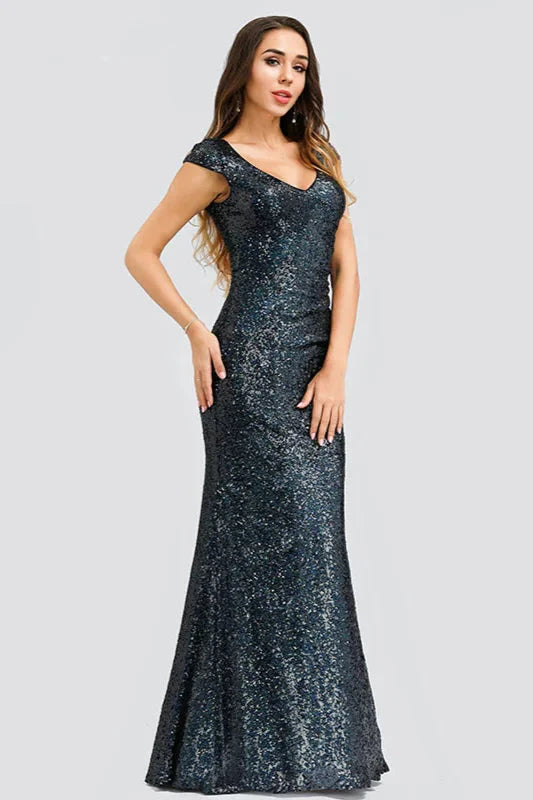 Gorgeous Sequins Cap Sleeve Prom Dresses Mermaid Long Evening Party Gowns