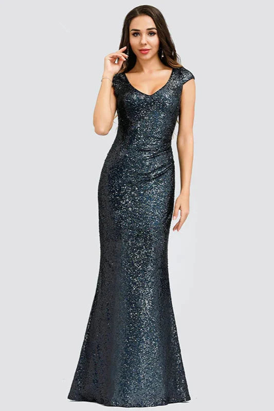 Gorgeous Sequins Cap Sleeve Prom Dresses Mermaid Long Evening Party Gowns