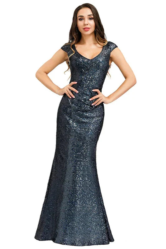 Gorgeous Sequins Cap Sleeve Prom Dresses Mermaid Long Evening Party Gowns