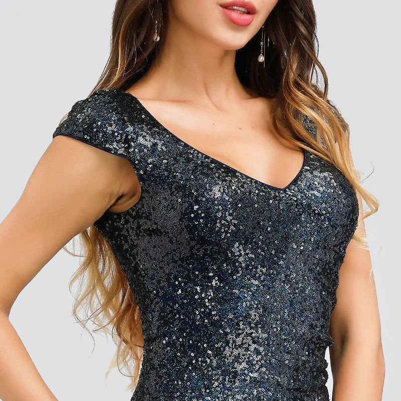 Gorgeous Sequins Cap Sleeve Prom Dresses Mermaid Long Evening Party Gowns
