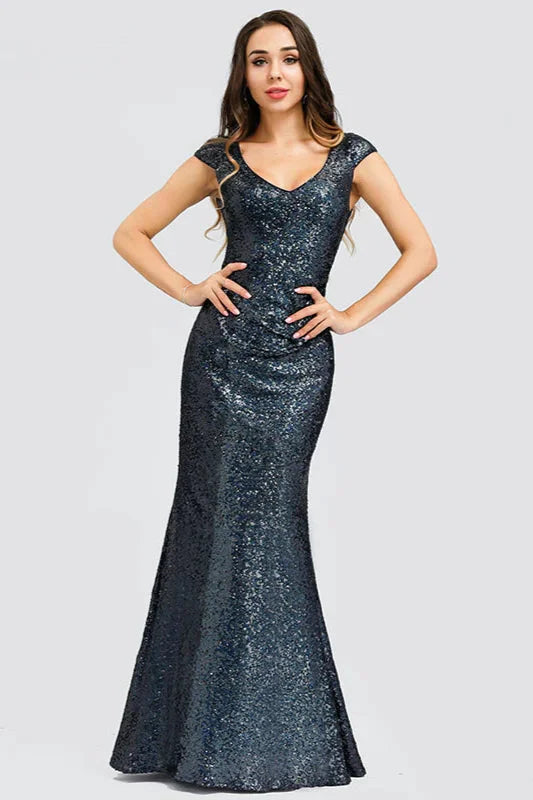 Gorgeous Sequins Cap Sleeve Prom Dresses Mermaid Long Evening Party Gowns
