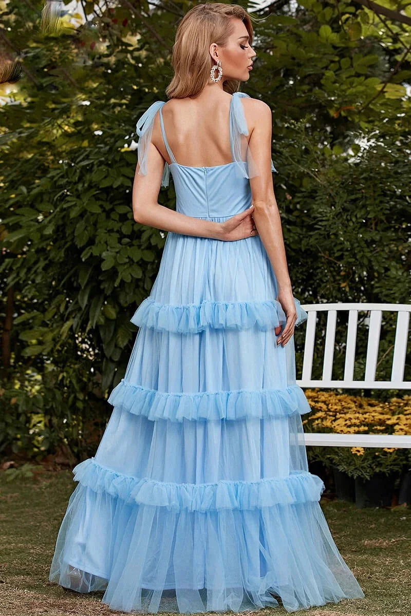Gorgeous Sky Blue Straps Sweetheart Evening Dress Long Tulle Layered