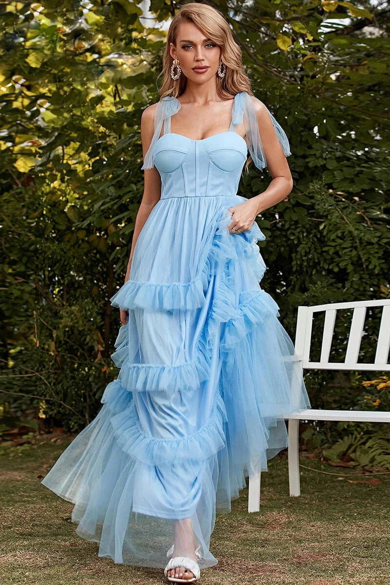 Gorgeous Sky Blue Straps Sweetheart Evening Dress Long Tulle Layered