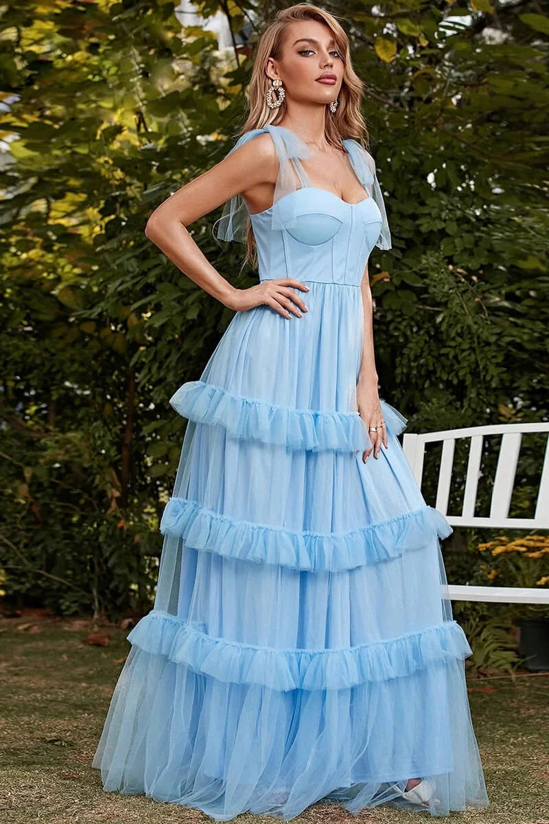 Gorgeous Sky Blue Straps Sweetheart Evening Dress Long Tulle Layered