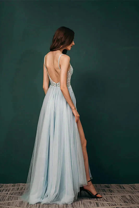 Gorgeous Spaghetti-Straps Tulle Evening Dress Long Split Open Back With Lace Appliques