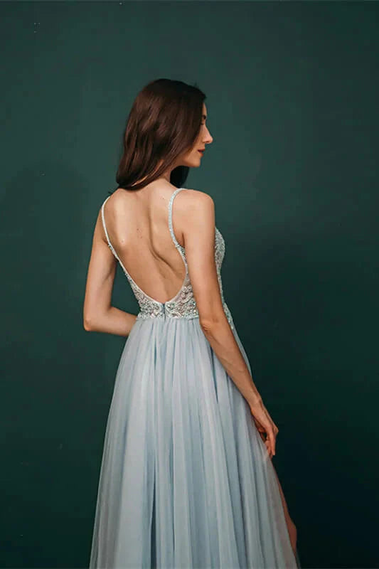 Gorgeous Spaghetti-Straps Tulle Evening Dress Long Split Open Back With Lace Appliques