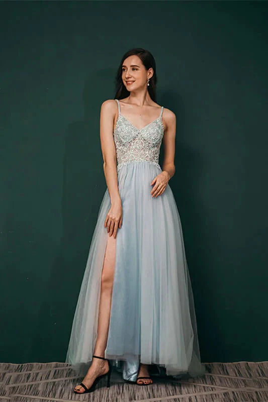 Gorgeous Spaghetti-Straps Tulle Evening Dress Long Split Open Back With Lace Appliques