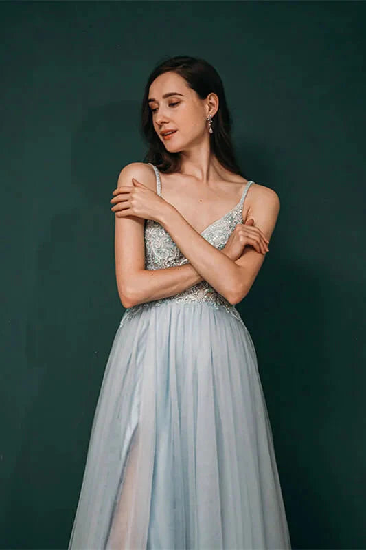 Gorgeous Spaghetti-Straps Tulle Evening Dress Long Split Open Back With Lace Appliques