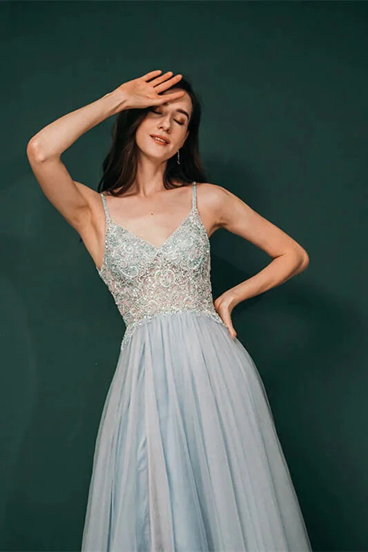 Gorgeous Spaghetti-Straps Tulle Evening Dress Long Split Open Back With Lace Appliques