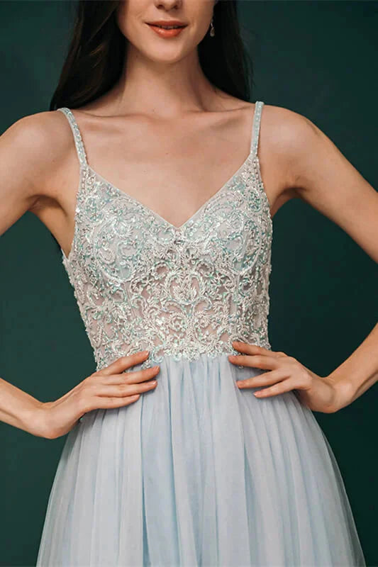 Gorgeous Spaghetti-Straps Tulle Evening Dress Long Split Open Back With Lace Appliques