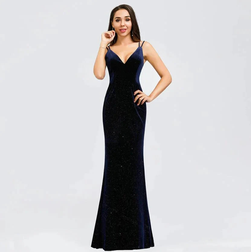 Gorgeous V-Neck Velvet Evening Gowns Mermaid Long Prom Dress