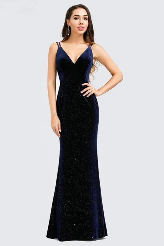 Gorgeous V-Neck Velvet Evening Gowns Mermaid Long Prom Dress