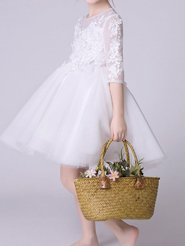 Half Sleeve Jewel Neck Knee Length Flower Girl Dress With Appliques