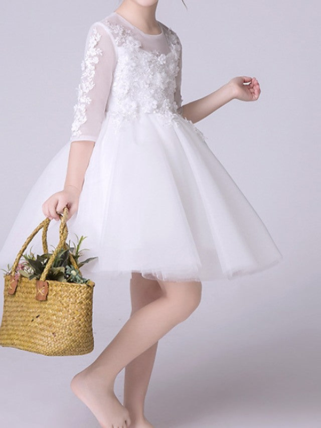 Half Sleeve Jewel Neck Knee Length Flower Girl Dress With Appliques