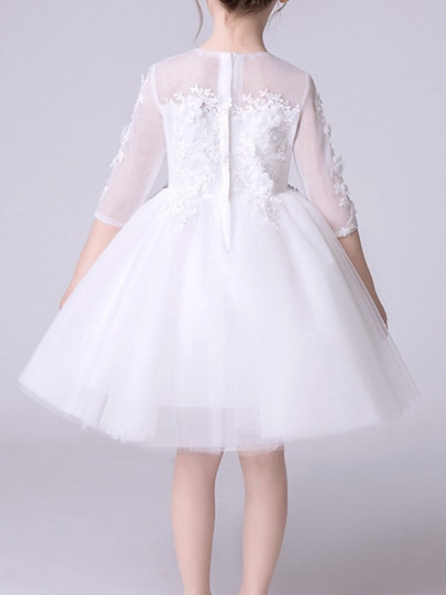 Half Sleeve Jewel Neck Knee Length Flower Girl Dress With Appliques