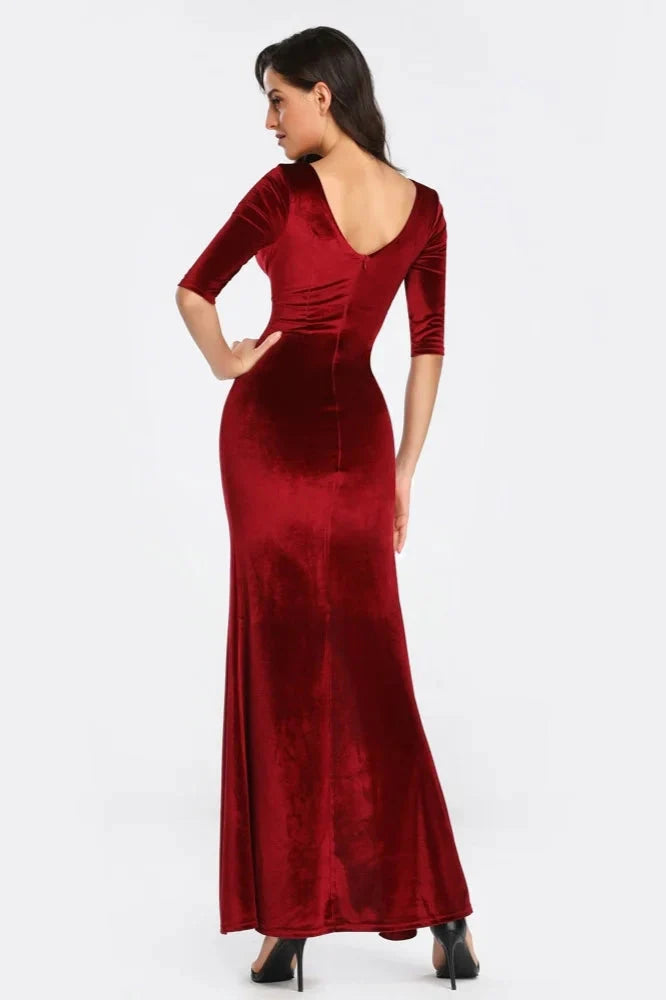 Half Sleeve Velvet Prom Dresses Long Split Evening Gowns