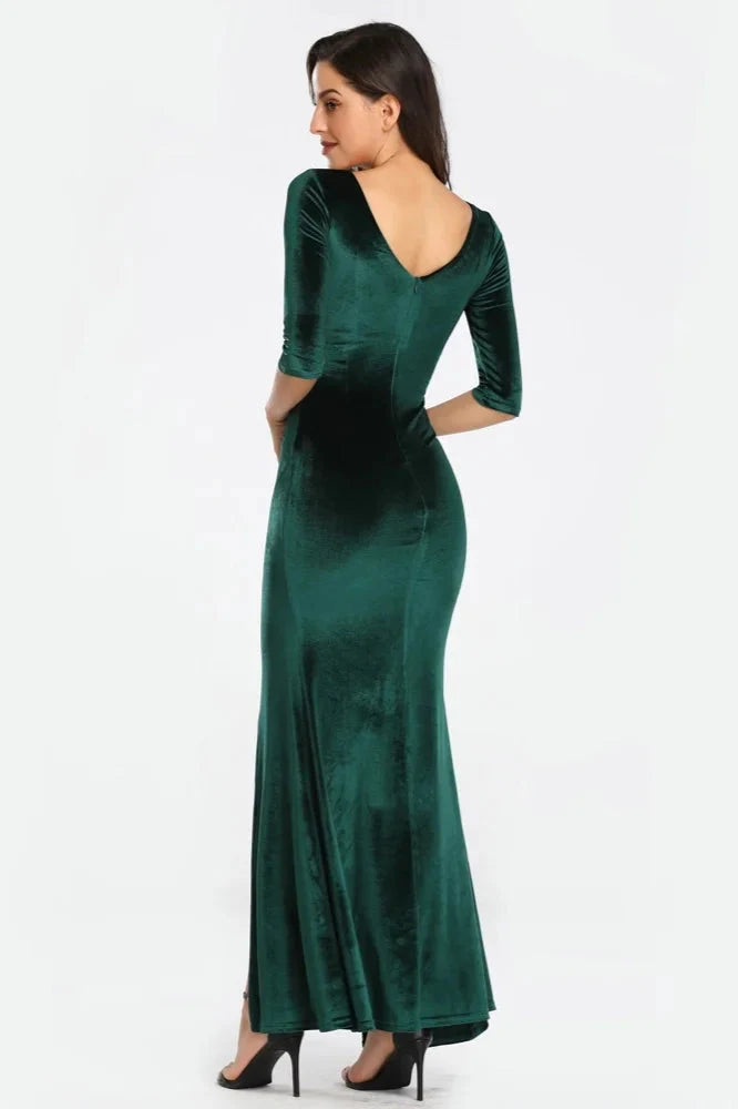 Half Sleeve Velvet Prom Dresses Long Split Evening Gowns