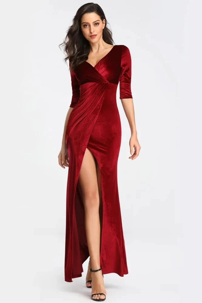 Half Sleeve Velvet Prom Dresses Long Split Evening Gowns