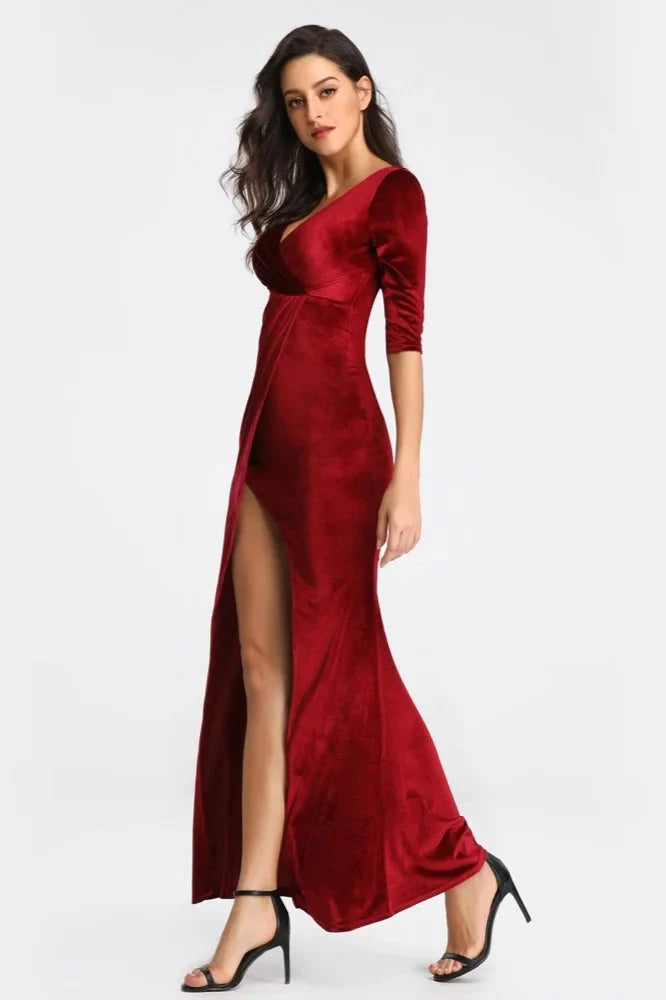 Half Sleeve Velvet Prom Dresses Long Split Evening Gowns
