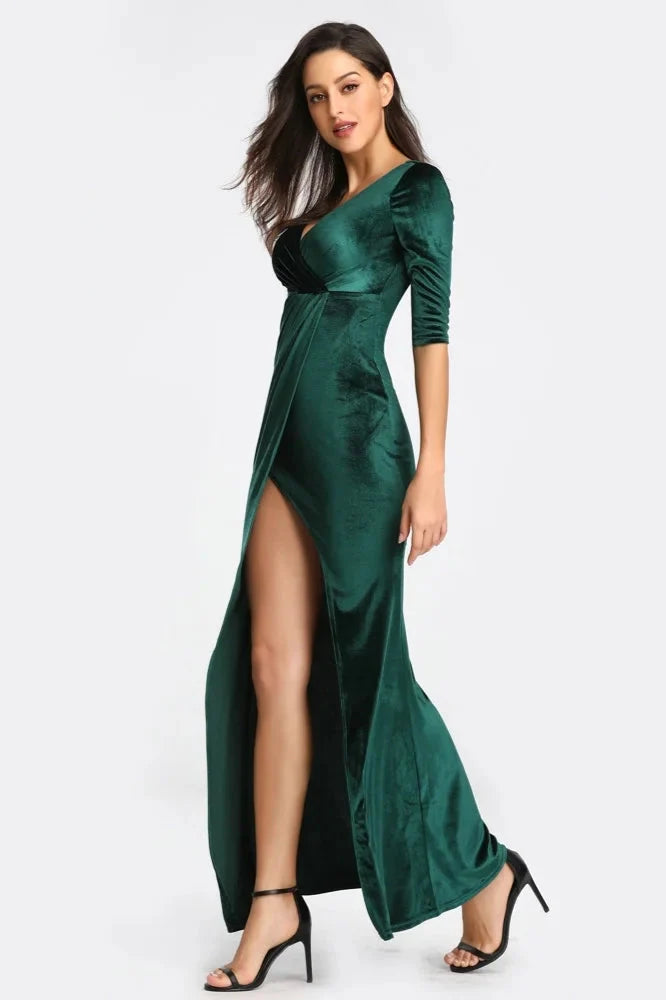 Half Sleeve Velvet Prom Dresses Long Split Evening Gowns