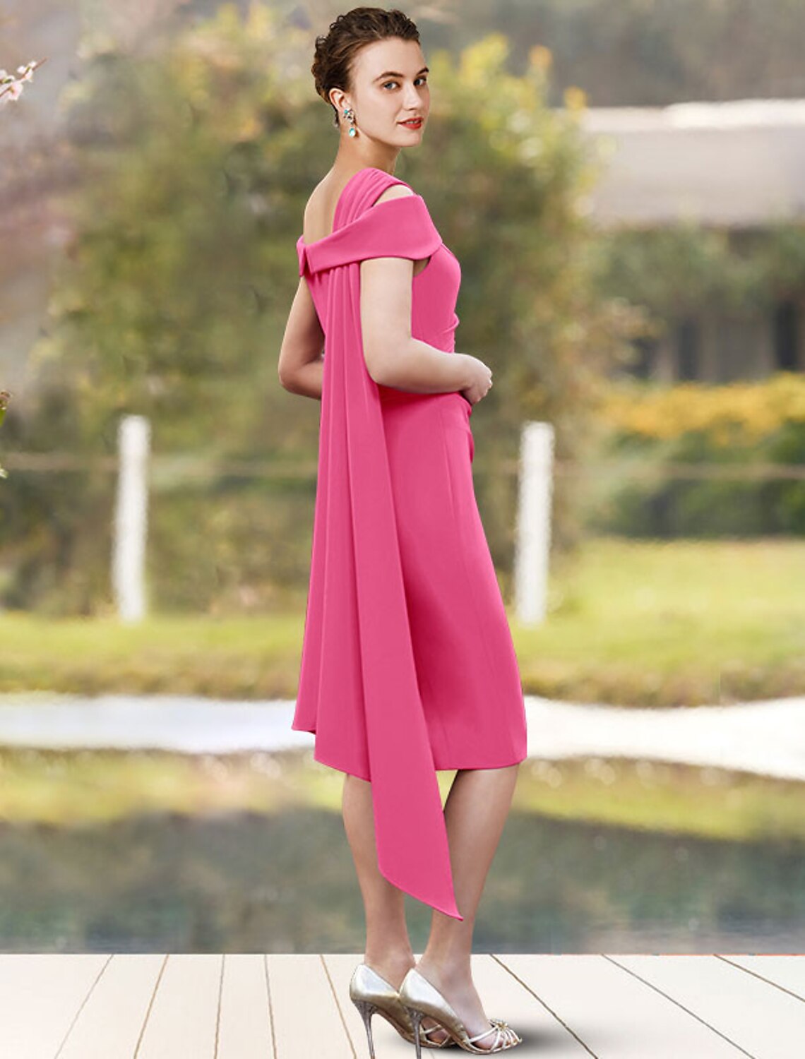 Sheath / Column Mother of the Bride Dress Wedding Guest Elegant Jewel Neck Knee Length Chiffon 3/4 Length Sleeve with Side-Draped