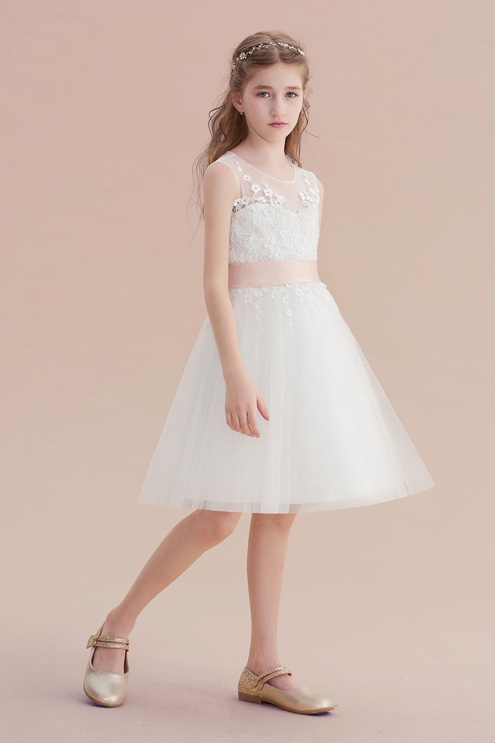 Illusion Appliques Tulle A-line Flower Girl Dress