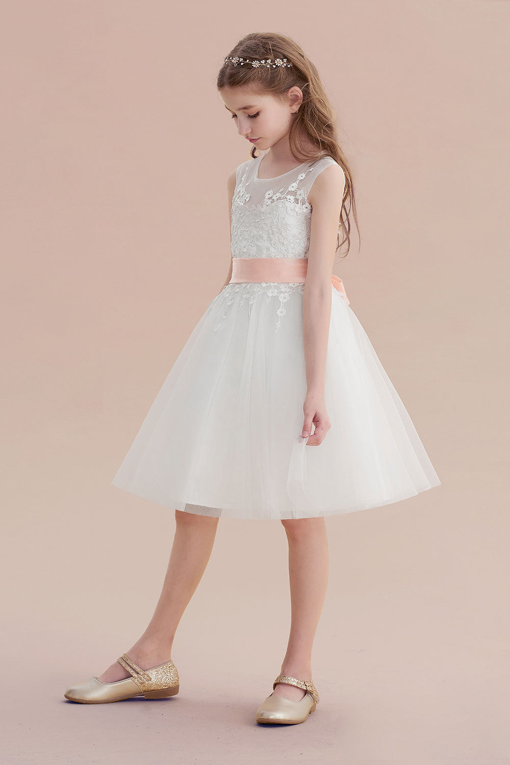 Illusion Appliques Tulle A-line Flower Girl Dress