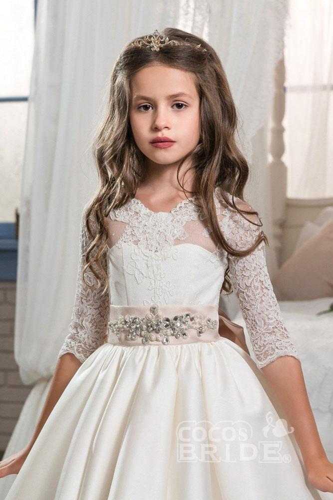 Ivory Long Sleeves Ball Gown Chiffon Lace Flower Girls Dress
