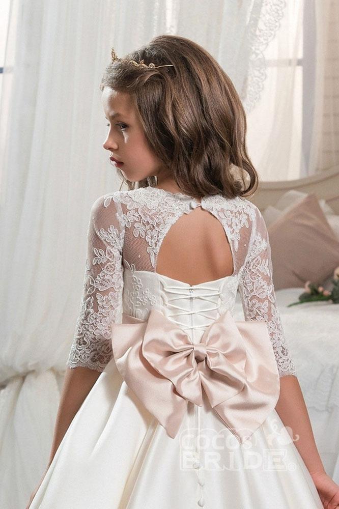 Ivory Long Sleeves Ball Gown Chiffon Lace Flower Girls Dress