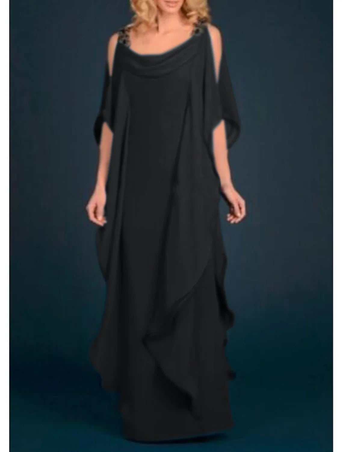 Sheath / Column Mother of the Bride Dress Wedding Guest Elegant Plus Size Scoop Neck Floor Length Chiffon Half Sleeve with Appliques