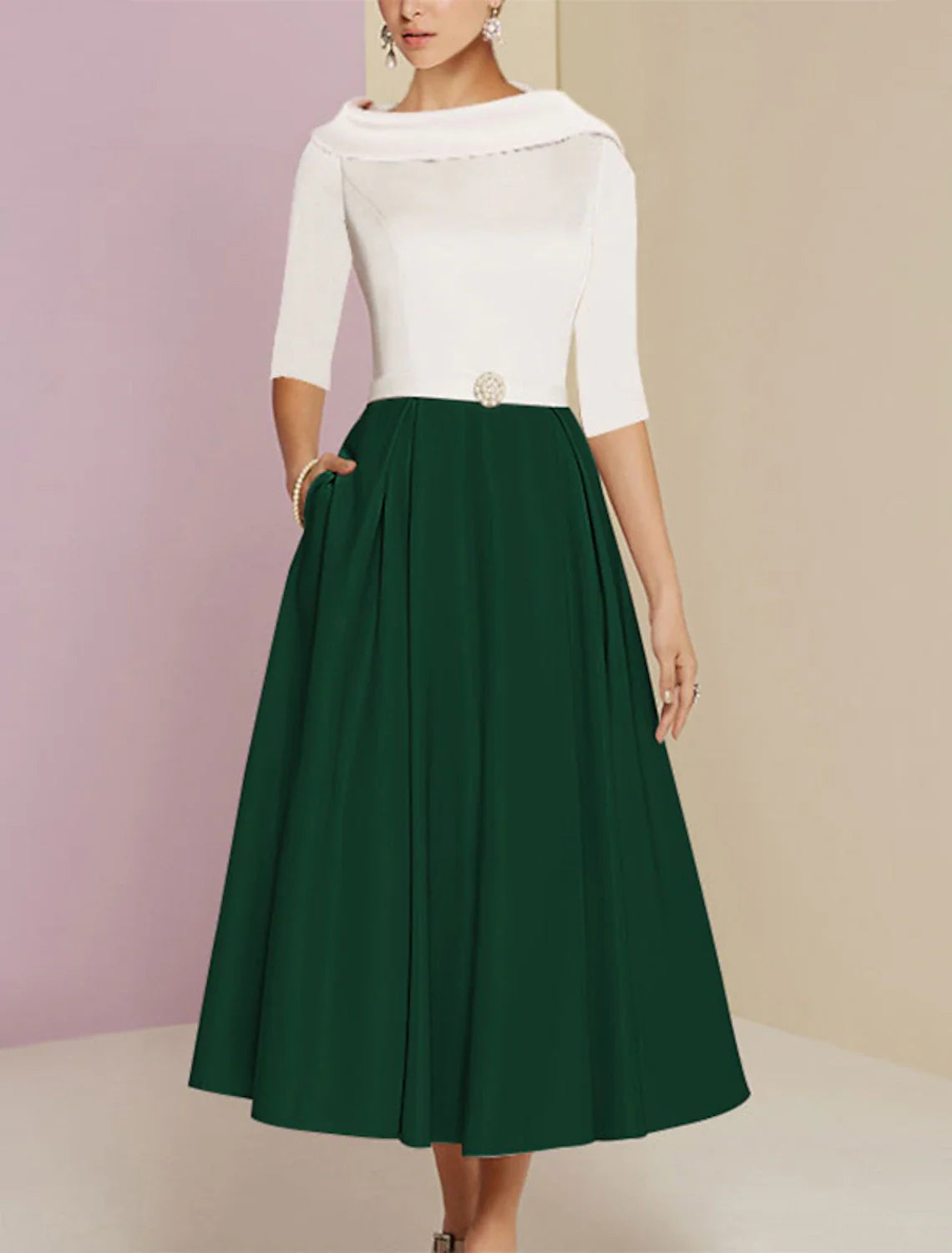 A-Line Mother of the Bride Dress Wedding Guest Elegant Vintage Jewel Neck Tea Length Charmeuse Half Sleeve with Pleats Crystals