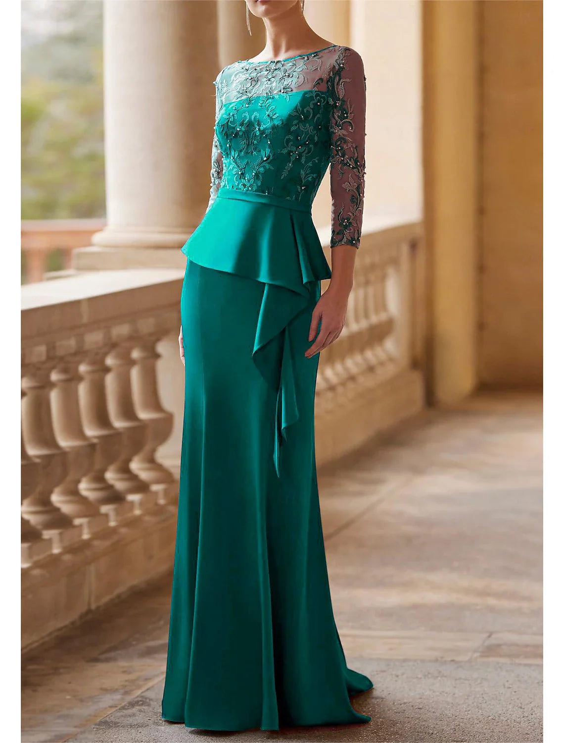 Mermaid/Small Mother of the bride dresses Wedding Guests Elegant Retro Party Illusion Neckline and Floor Length Lace Fabric 3/4 Long Sleeves Half Sleeve Belt/Ribbon Pleated Beads