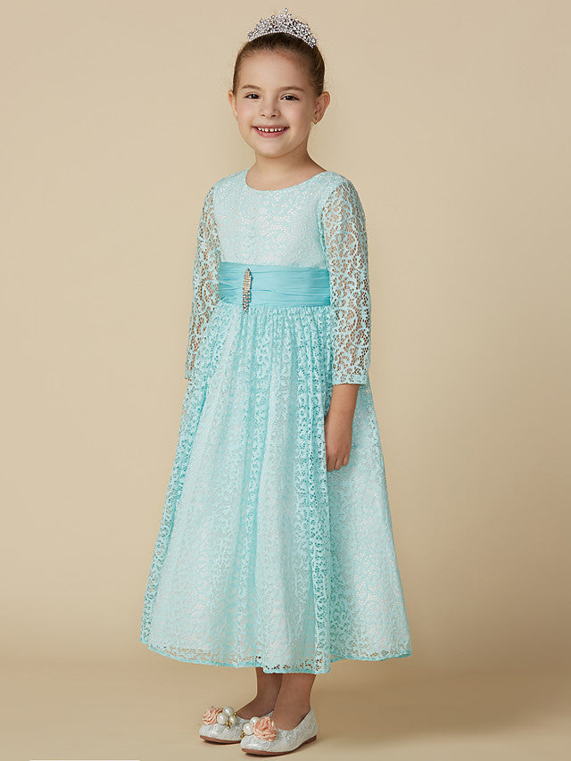 Lace 3/4 Length Sleeve A-Line Tea Length Party Dress with Sash Ribbon & Crystal Brooch