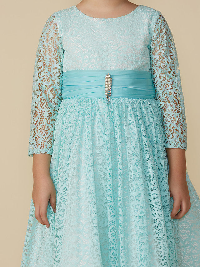 Lace 3/4 Length Sleeve A-Line Tea Length Party Dress with Sash Ribbon & Crystal Brooch