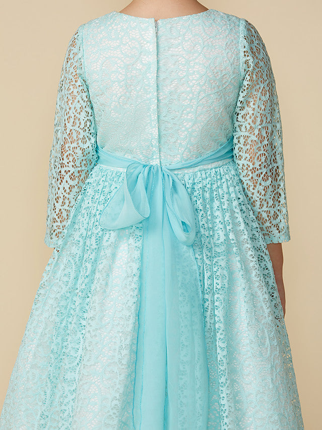 Lace 3/4 Length Sleeve A-Line Tea Length Party Dress with Sash Ribbon & Crystal Brooch