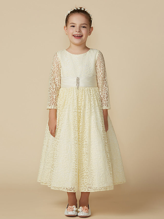 Lace 3/4 Length Sleeve A-Line Tea Length Party Dress with Sash Ribbon & Crystal Brooch