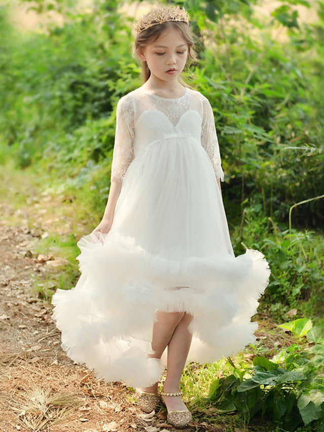 Lace 3/4 Length Sleeve Jewel Neck Ball Gown Flower Girl Dress