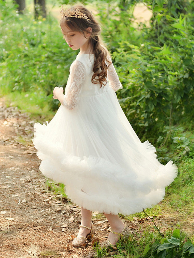 Lace 3/4 Length Sleeve Jewel Neck Ball Gown Flower Girl Dress
