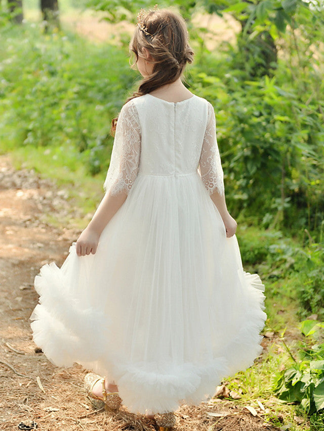 Lace 3/4 Length Sleeve Jewel Neck Ball Gown Flower Girl Dress