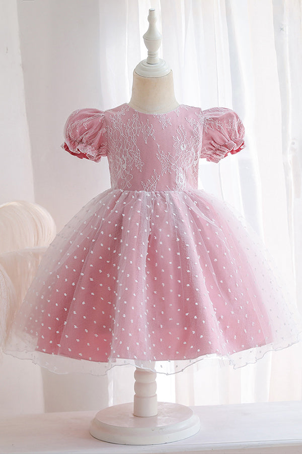 Lace Pink Short Sleeve Jewel Flower Girl Dress with Appliques