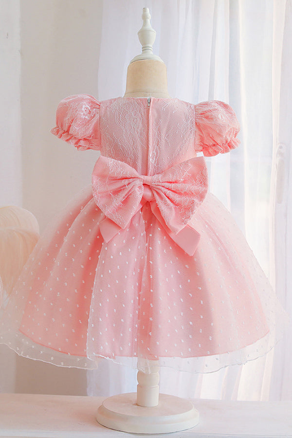 Lace Pink Short Sleeve Jewel Flower Girl Dress with Appliques