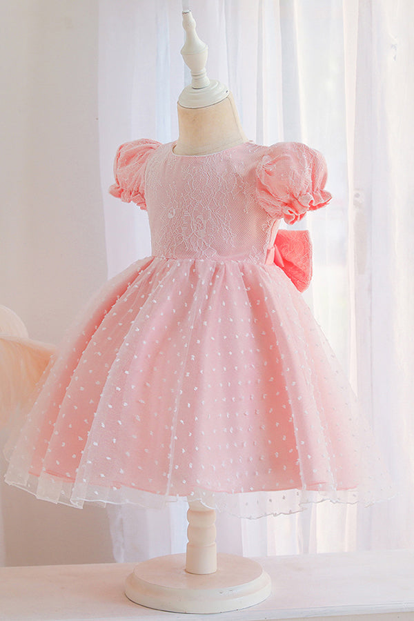 Lace Pink Short Sleeve Jewel Flower Girl Dress with Appliques