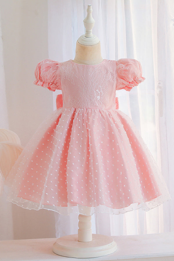 Lace Pink Short Sleeve Jewel Flower Girl Dress with Appliques