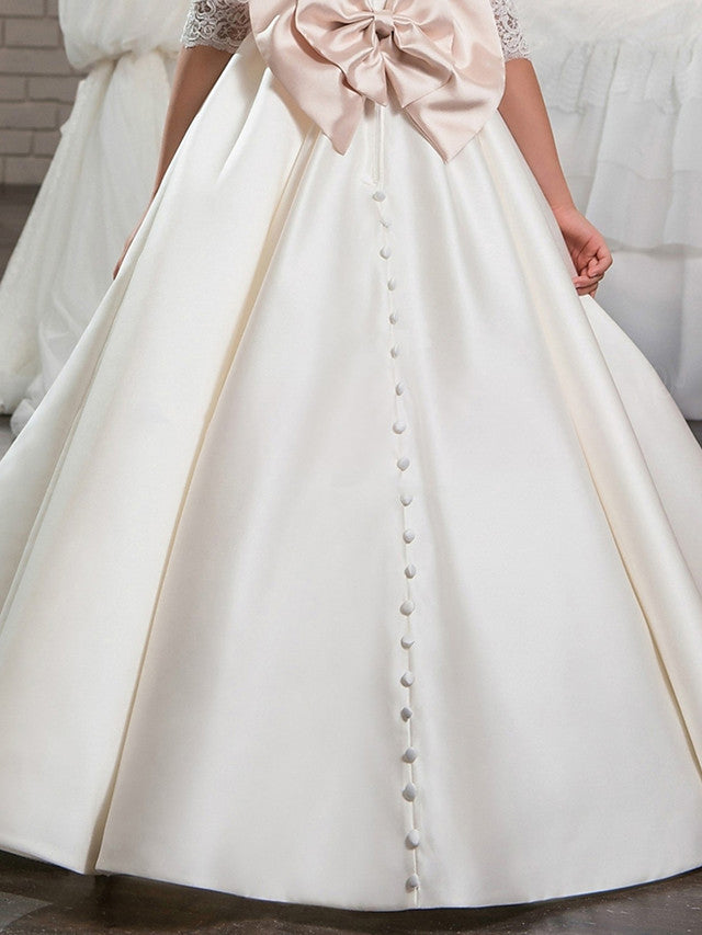 Lace Satin Half Sleeve V Neck Ball Gown Flower Girl Dress With Beading Appliques Crystals & Rhinestones