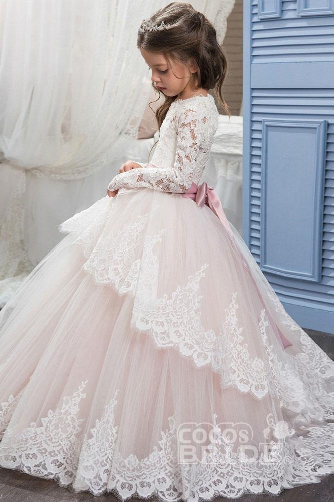 Lace-Trimmed Purple Ball Gown for Girls with Long Sleeves & Scoop Neck