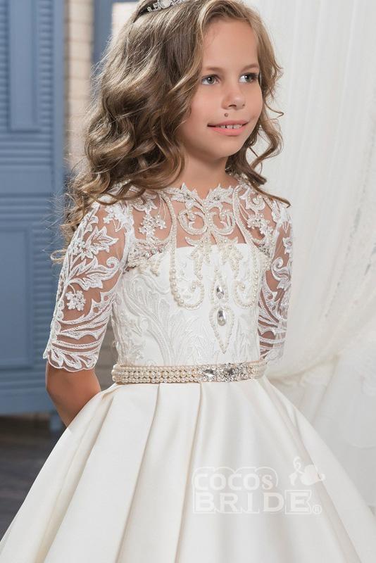 Lace Trumpet Flower Girls Dress with 1/2 Sleeves White Scoop Neck